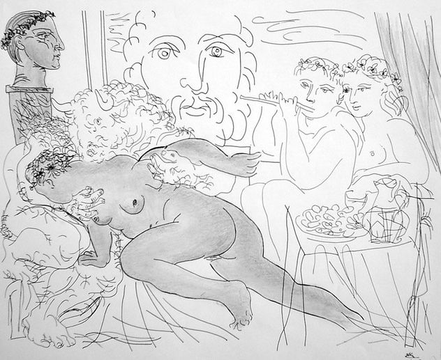 "Minatauro  joven  flauta y mesa con frutas"