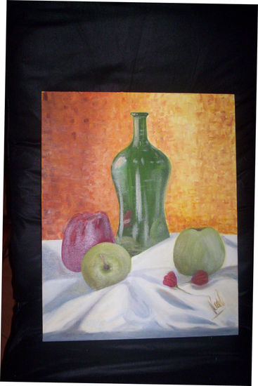 BOTELLON Y MANZANAS Oil Canvas Still Life Paintings