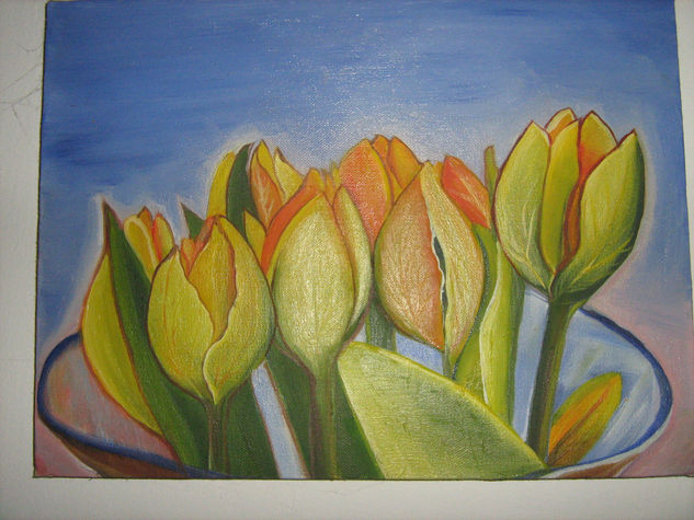 tulipanes en casa Oil Textile Floral Painting