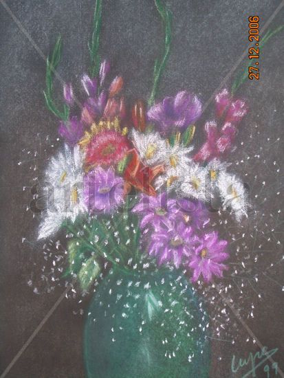 Jarrón con flores. Pastel Paper Floral Painting