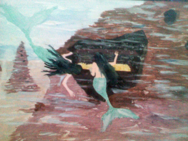 Sirenas y tesoro Gouache Papel Marina