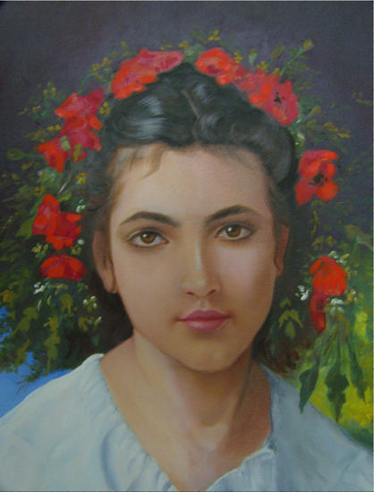 Niña con Flores Óleo Lienzo Retrato