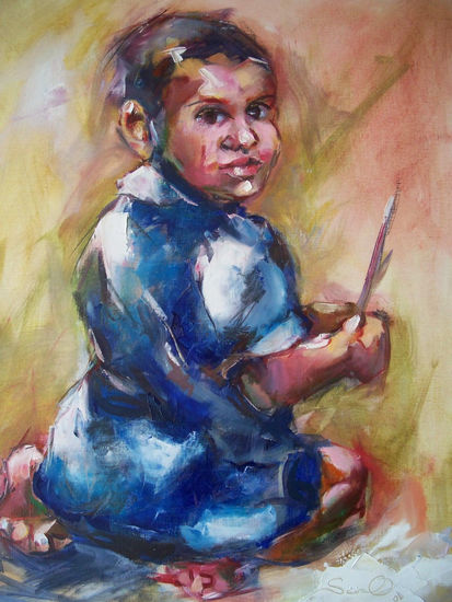 niño con palo Oil Canvas Figure Painting