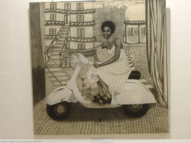 Mujer con vespa. Graphite Textile Portrait