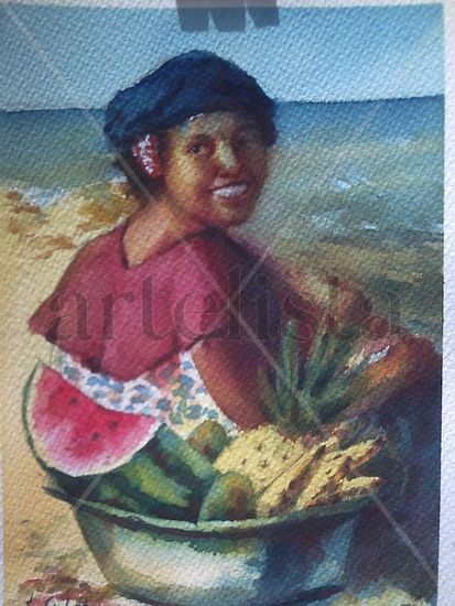 PALENQUERA EN LA PLAYA Acuarela Cartulina Figura