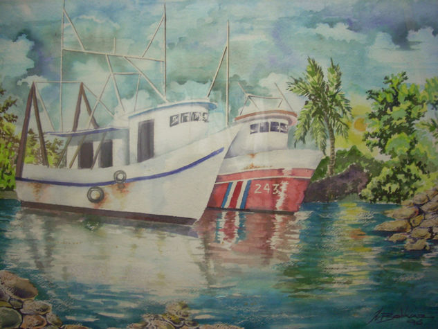 Barcos en un puerto de Limón Acuarela Papel Paisaje