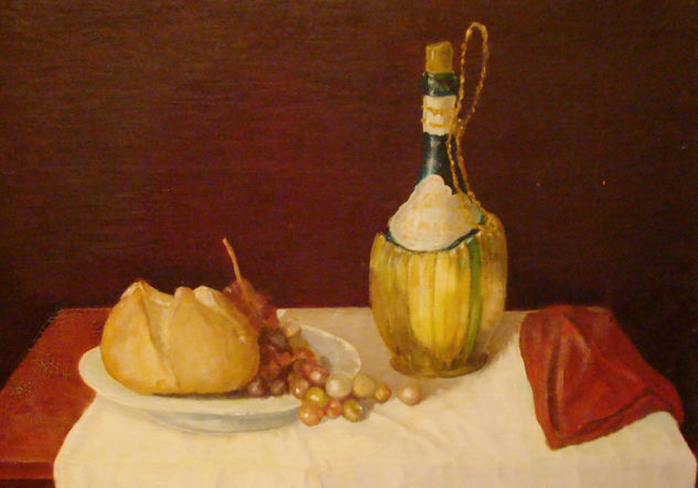 bodegon con pan vino Oil Panel Still Life Paintings