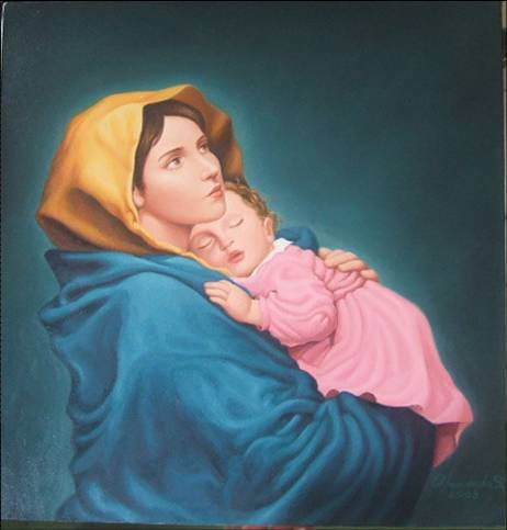 Virgen y Niño Oil Canvas Portrait