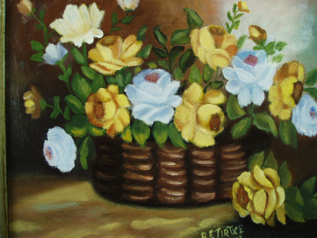 cesta con rosas amarillas y blancas Oil Panel Floral Painting