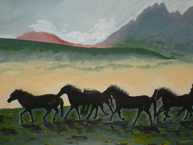 Caballos Salvajes Acrílico Cartulina Paisaje