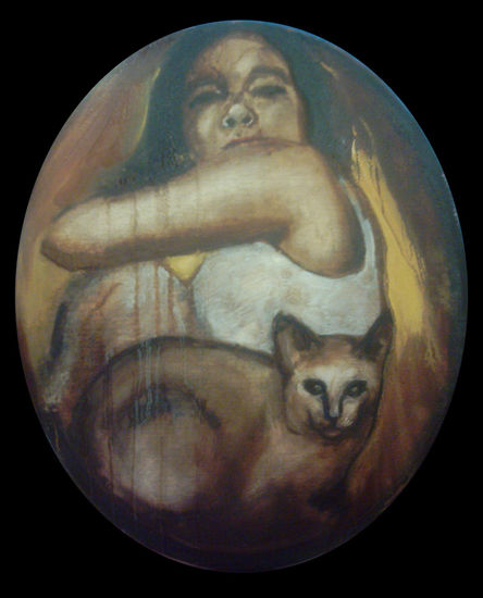 gato y niña Oil Canvas Figure Painting