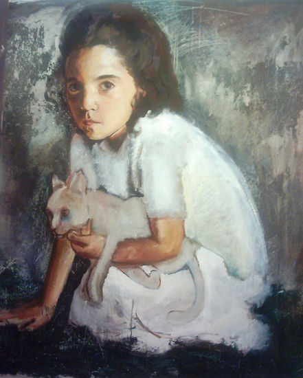 olga con gato Oil Canvas Portrait