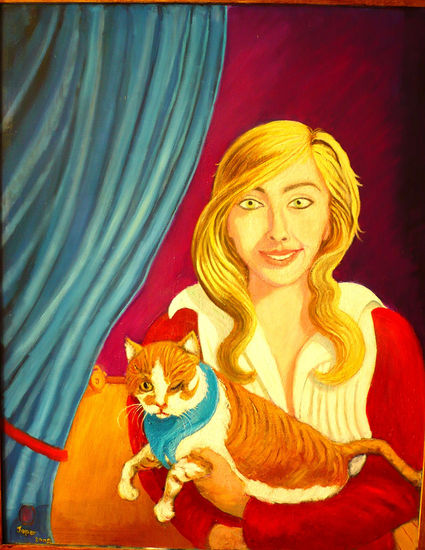 Modelo con su gato tuerto Oil Canvas Figure Painting