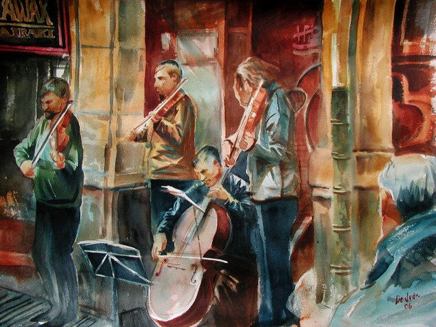 "Musicos en la Plaza Mayor" Watercolour Paper Figure Painting