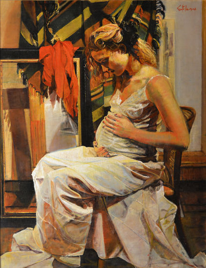 La joven Madre Oil Panel Figure Painting