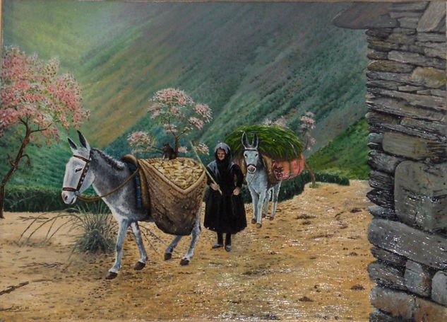 paisaje de galicia con burros Óleo Lienzo Paisaje