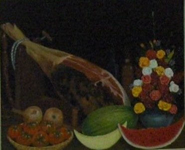 bodegón con jamón y flores