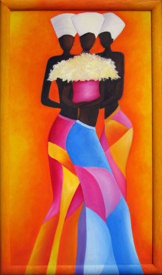 TRES AFRICANAS Oil Textile Figure Painting