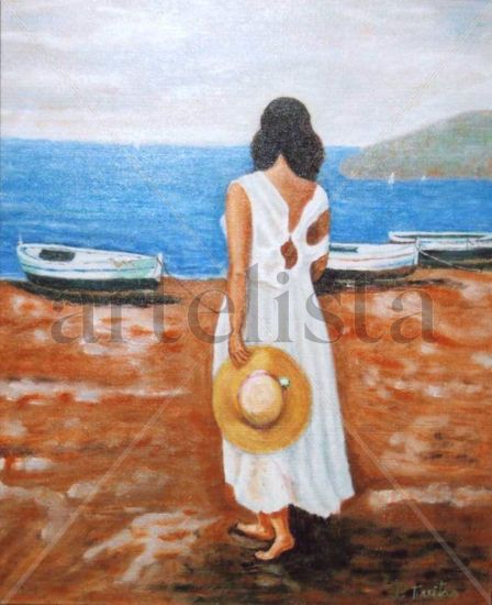 Mujer de españdas en playa Oil Canvas Marine Painting