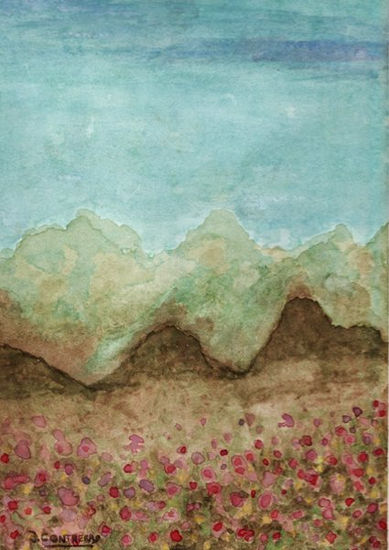 Picos con Amapolas Acuarela Papel Paisaje