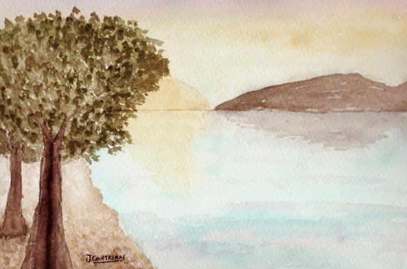 Atardecer en la Orilla Watercolour Paper Marine Painting