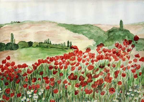 Orizonte con Amapolas Acuarela Papel Paisaje