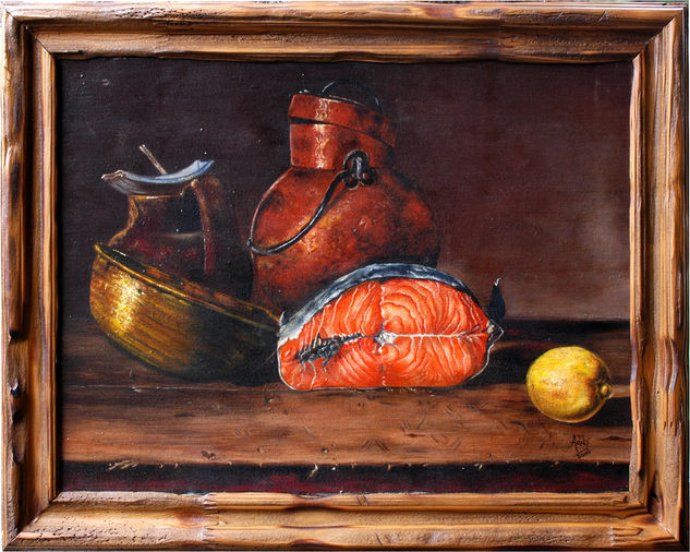 Naturaleza muerta con limón y salmón Oil Canvas Still Life Paintings