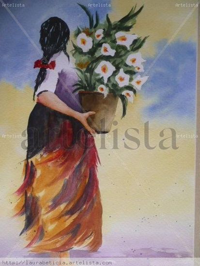 Mujer mexicana Watercolour Paper Floral Painting