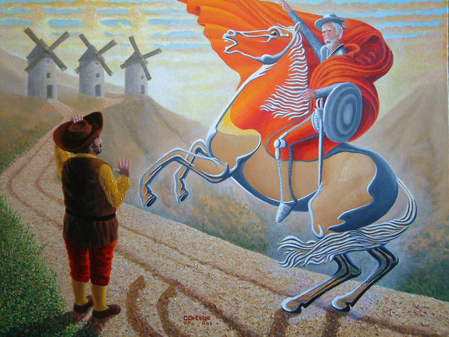 Don Quijote con capa Napoleonica, guiando el ataque a los molinos Oil Canvas Figure Painting