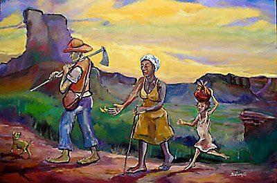 A Família Oil Textile Figure Painting