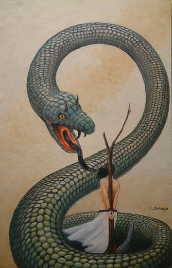 La serpiente mitica y la dama Mixed media Canvas Animals