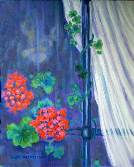 geranios en la reja Acrylic Panel Floral Painting