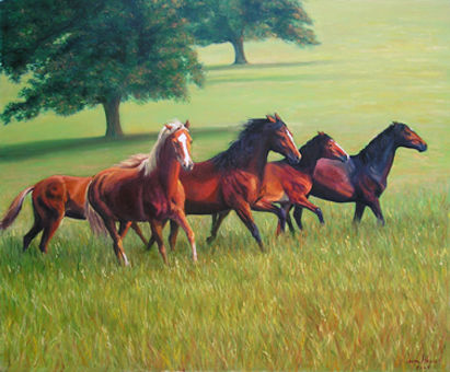 caballos al atardecer Oil Canvas Animals