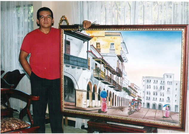 PAISAJE URBANO DE CARTAGENA . 4   EN LA FOTO CON EL ARTISTA Acrylic Canvas Landscaping