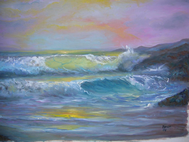 OLAS EN UN ATARDECER Oil Canvas Marine Painting