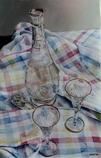 Botella y dos copas Watercolour Paper Still Life Paintings