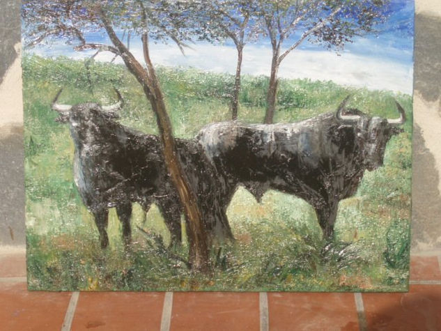 TOROS PACIENDO ENTRE ARBOL Oil Canvas Landscaping