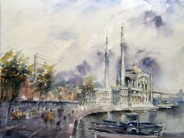 Estambul- Mezquita de Ortaköy Acuarela Papel Paisaje