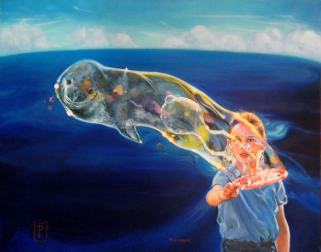 Niña y Lobo de Mar Oil Canvas Marine Painting