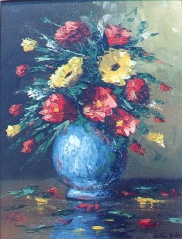 “ FLORERITO AZUL CON FLORES AMARILLAS Y ROJAS  ” Óleo Tabla Floral