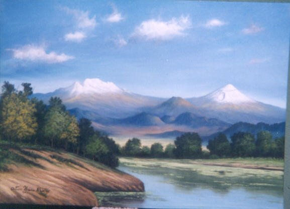 “ VOLCANES  DESDE  TLAHUAC  ” Óleo Lienzo Paisaje