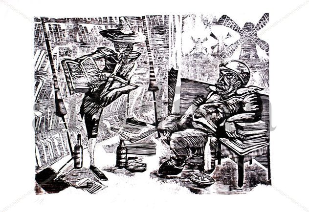 -Don quijote y el Sancho tomando valor-