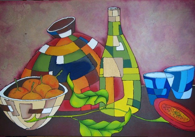 Bodegón con botella verde Mixed media Canvas Still Life Paintings