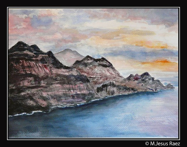 paisaje con montañas y mar Acuarela Papel Paisaje