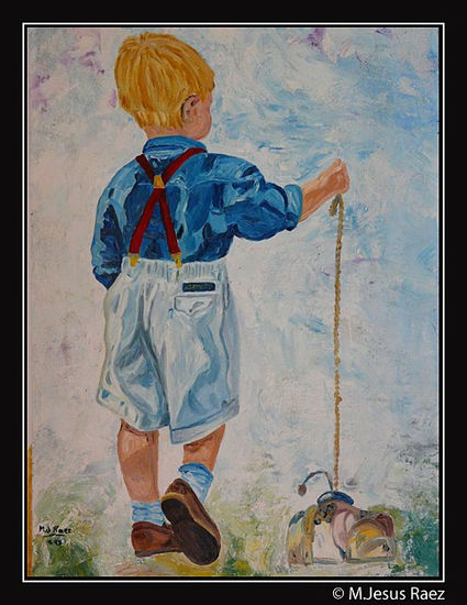 niño paseando con juguete Mixed media Panel Figure Painting