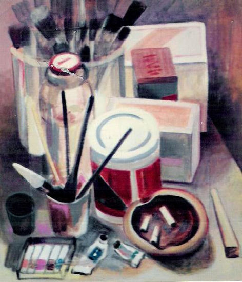 Bodegón con material de trabajo (obra antigua) Mixed media Panel Still Life Paintings