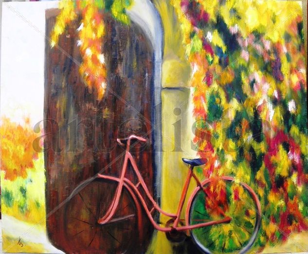 Bicicleta en la puerta....marron. Oil Textile Landscaping