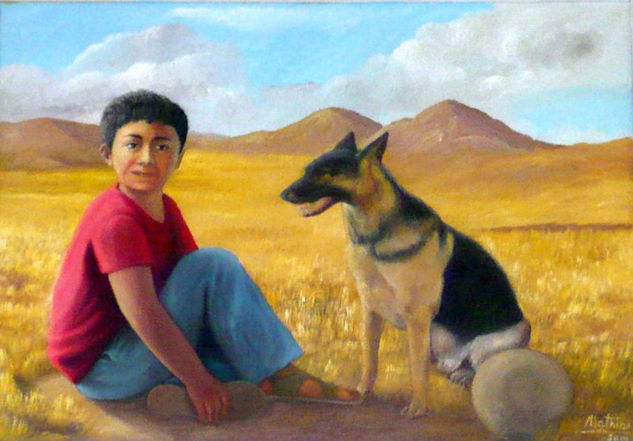 El niño y su amigo Oil Canvas Figure Painting