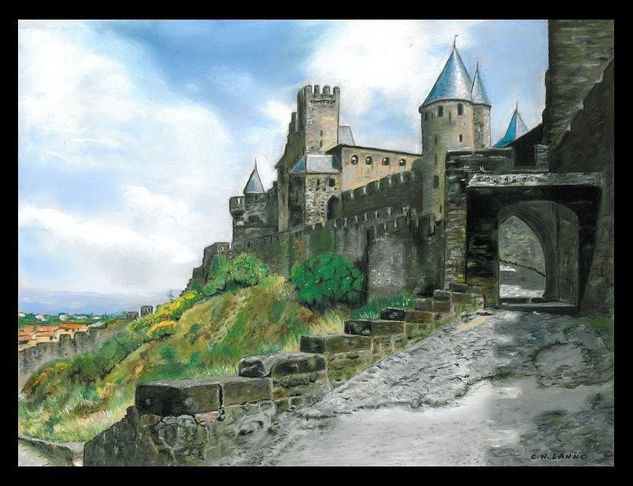 Porte d'Aude Carcassonne Pastel Papel Paisaje