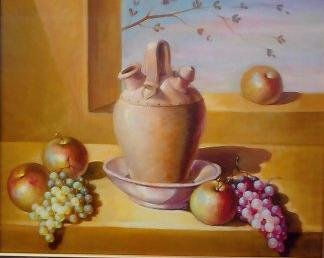 Botijo con manzanas y uvas Oil Canvas Still Life Paintings